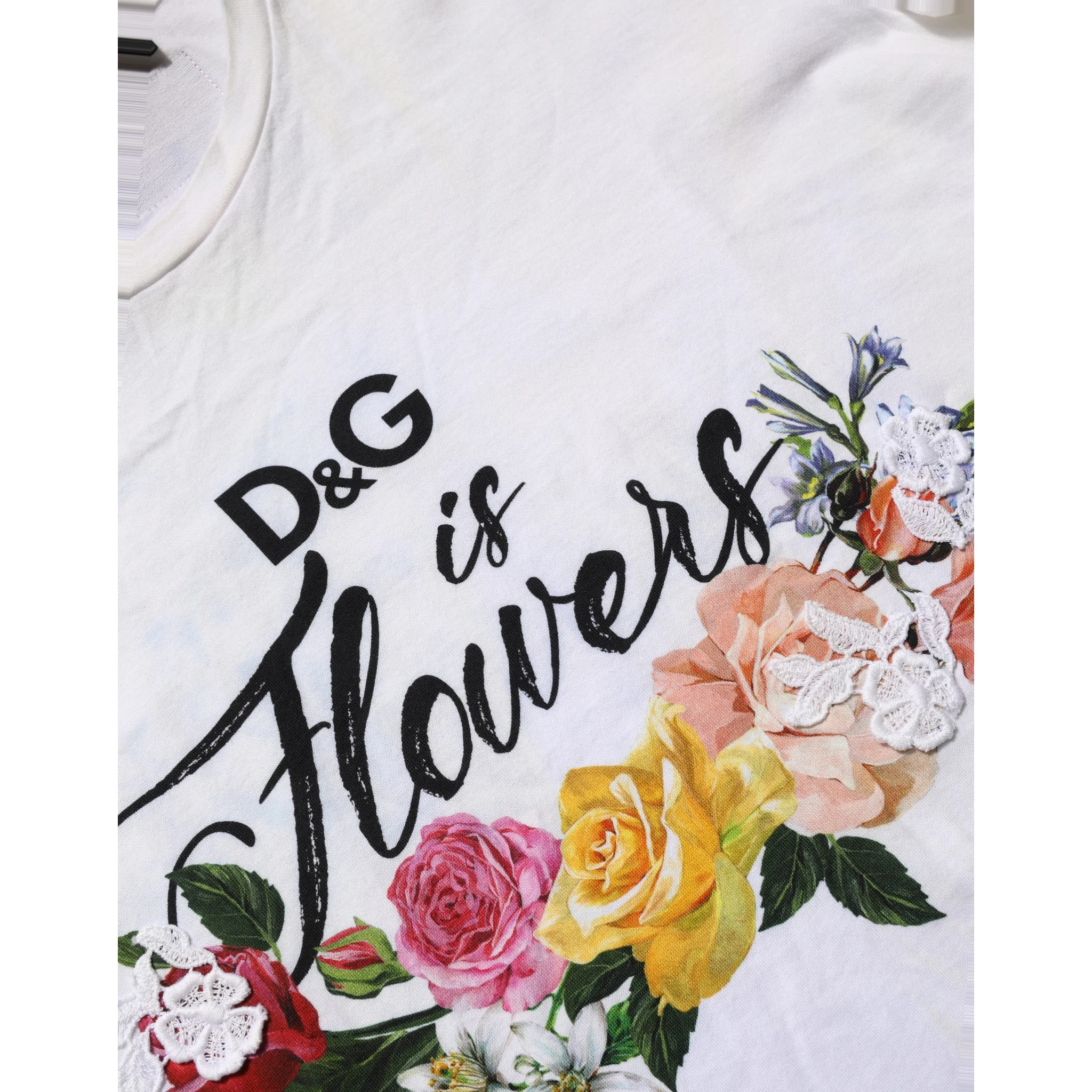 White D&G is Flowers Print Round Neck T-shirt