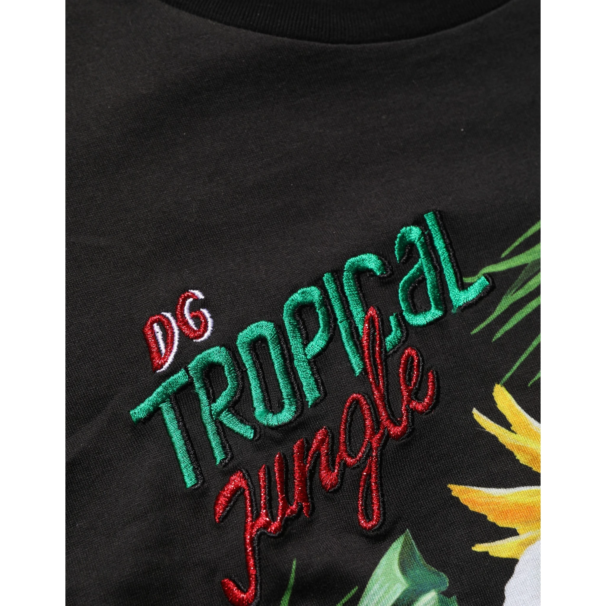 Black Tropical Jungle Round Neck T-shirt