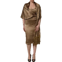 Bronze Toned Satin Fringe Hemmed Shawl Midi Dress
