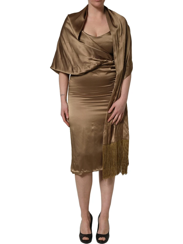 Bronze Toned Satin Fringe Hemmed Shawl Midi Dress alternative