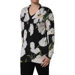 Black Floral Cashmere Silk Cardigan Sweater