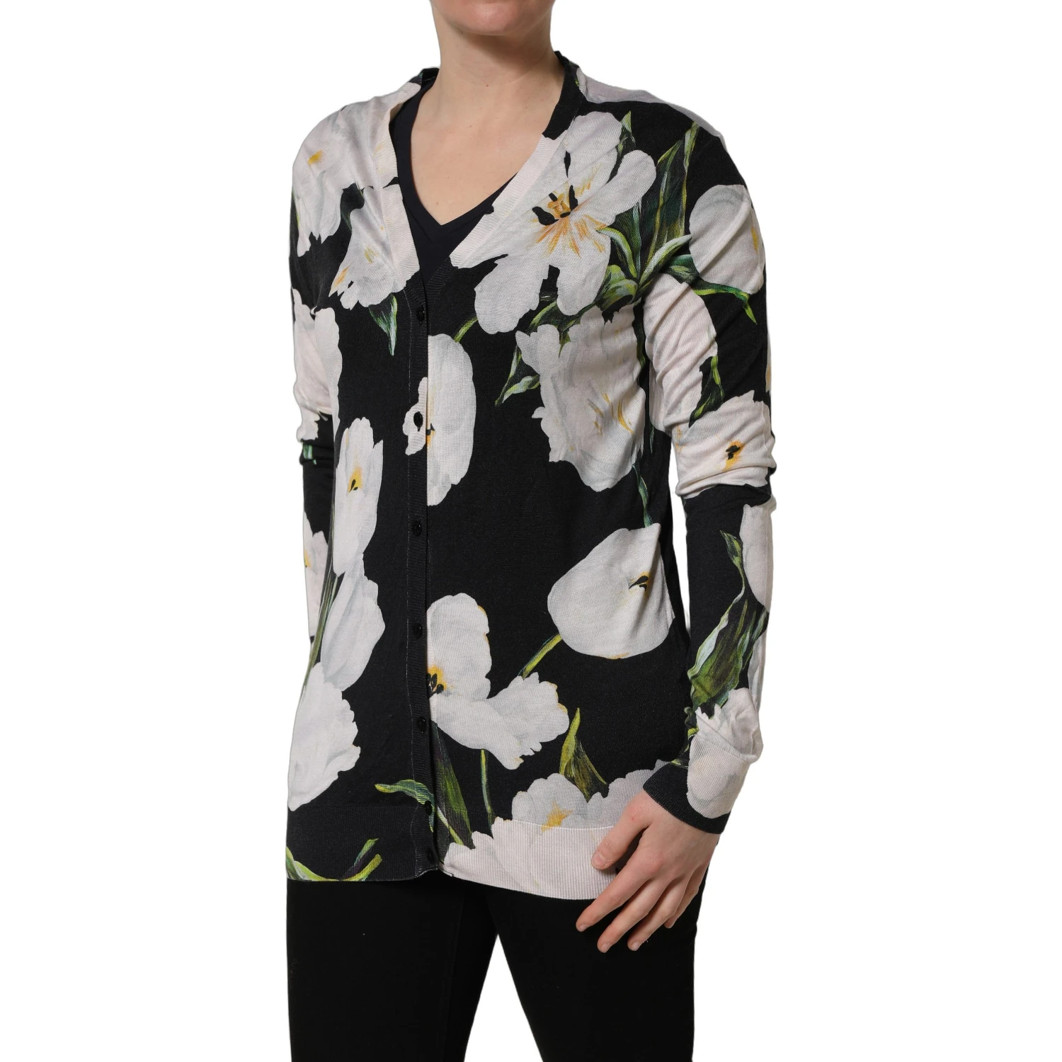 Black Floral Cashmere Silk Cardigan Sweater
