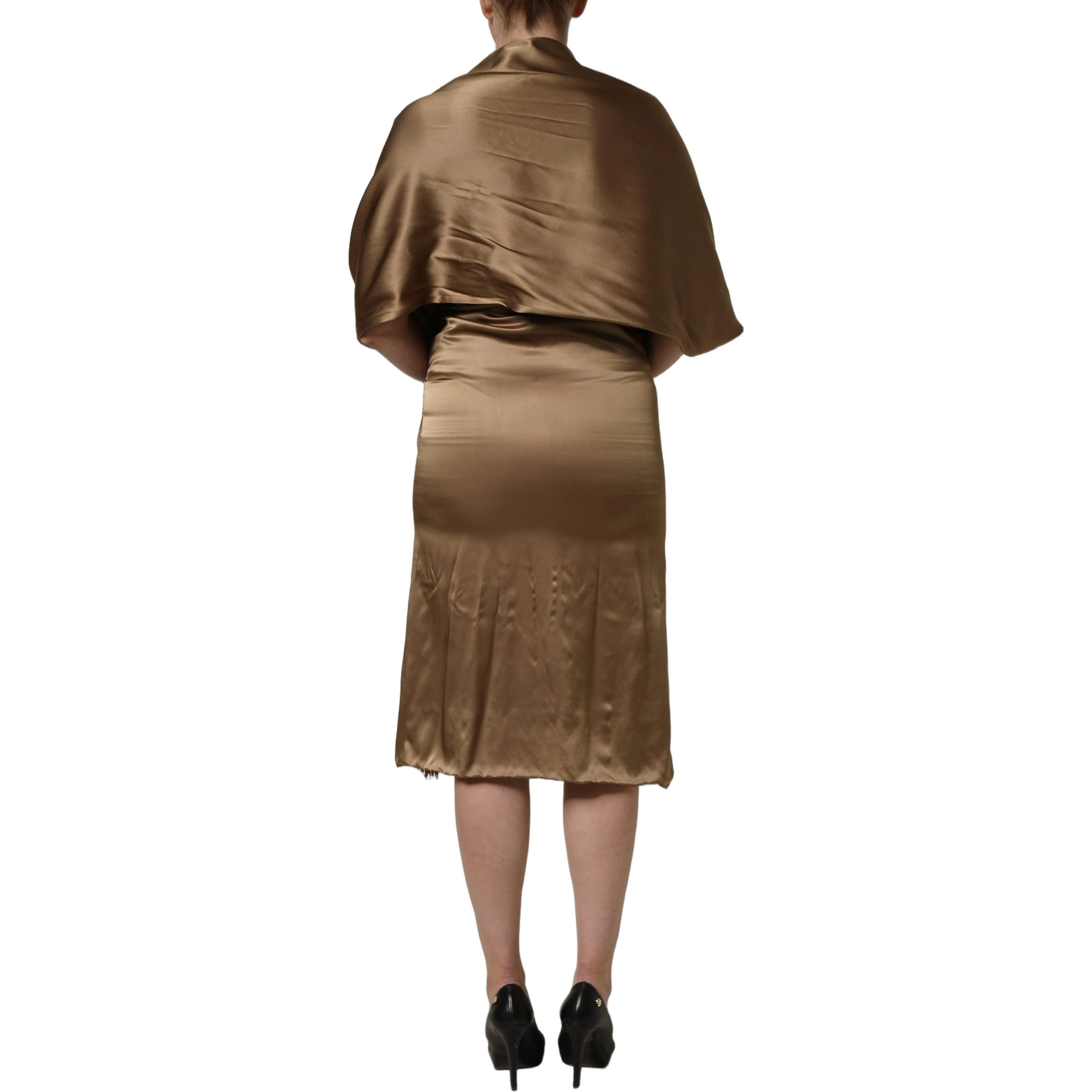 Bronze Toned Satin Fringe Hemmed Shawl Midi Dress