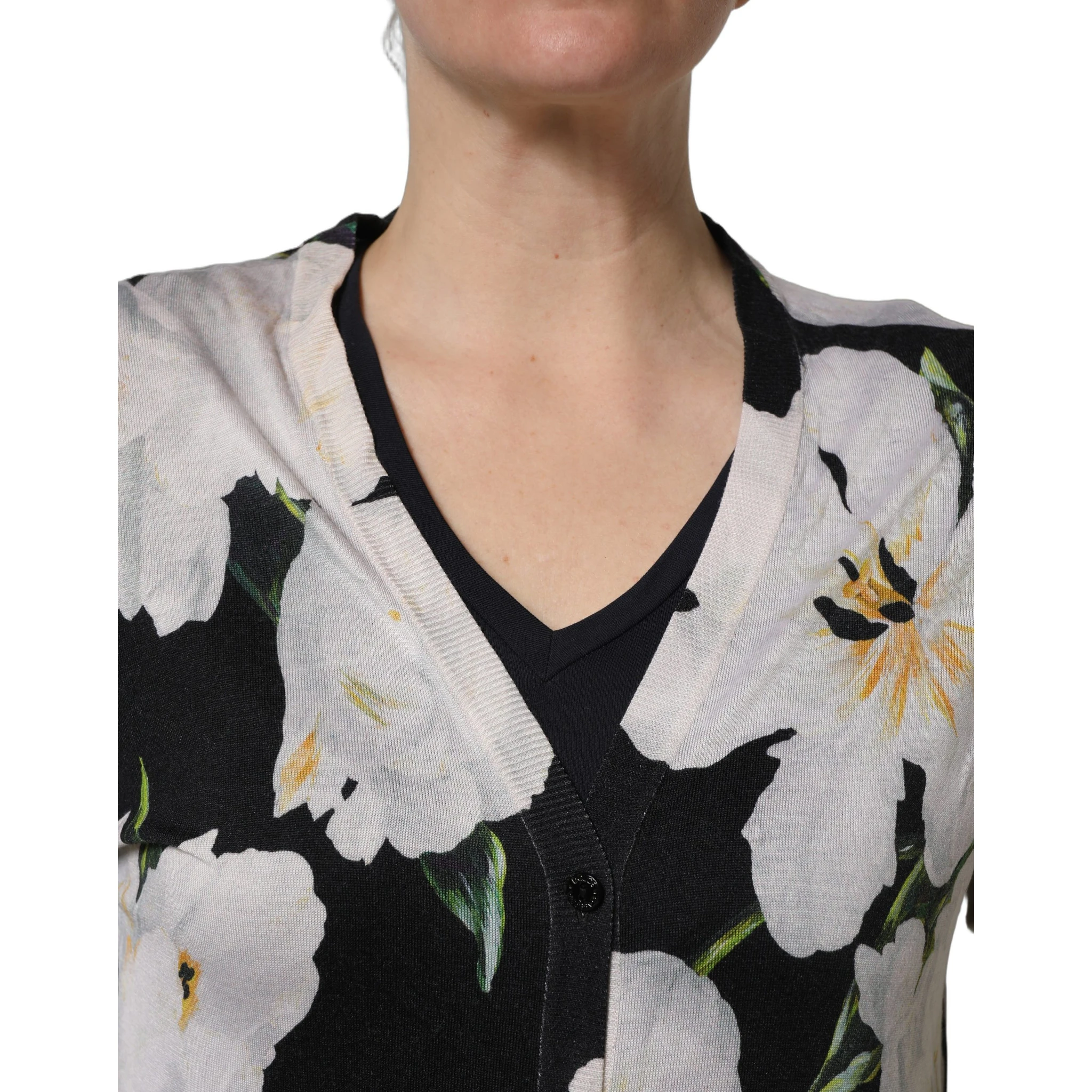 Black Floral Cashmere Silk Cardigan Sweater