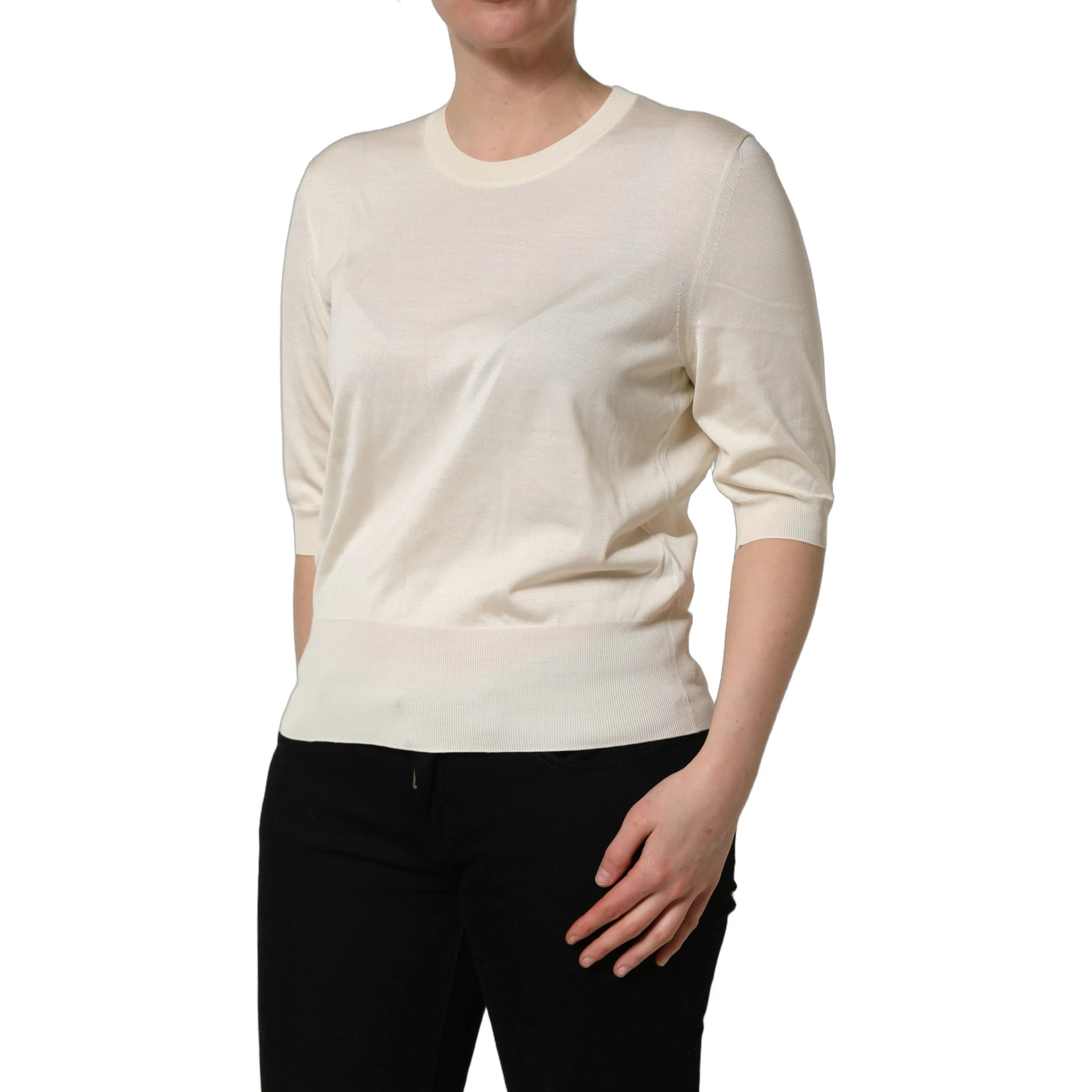 Off White 3/4 Sleeves Crewneck Pullover Sweater