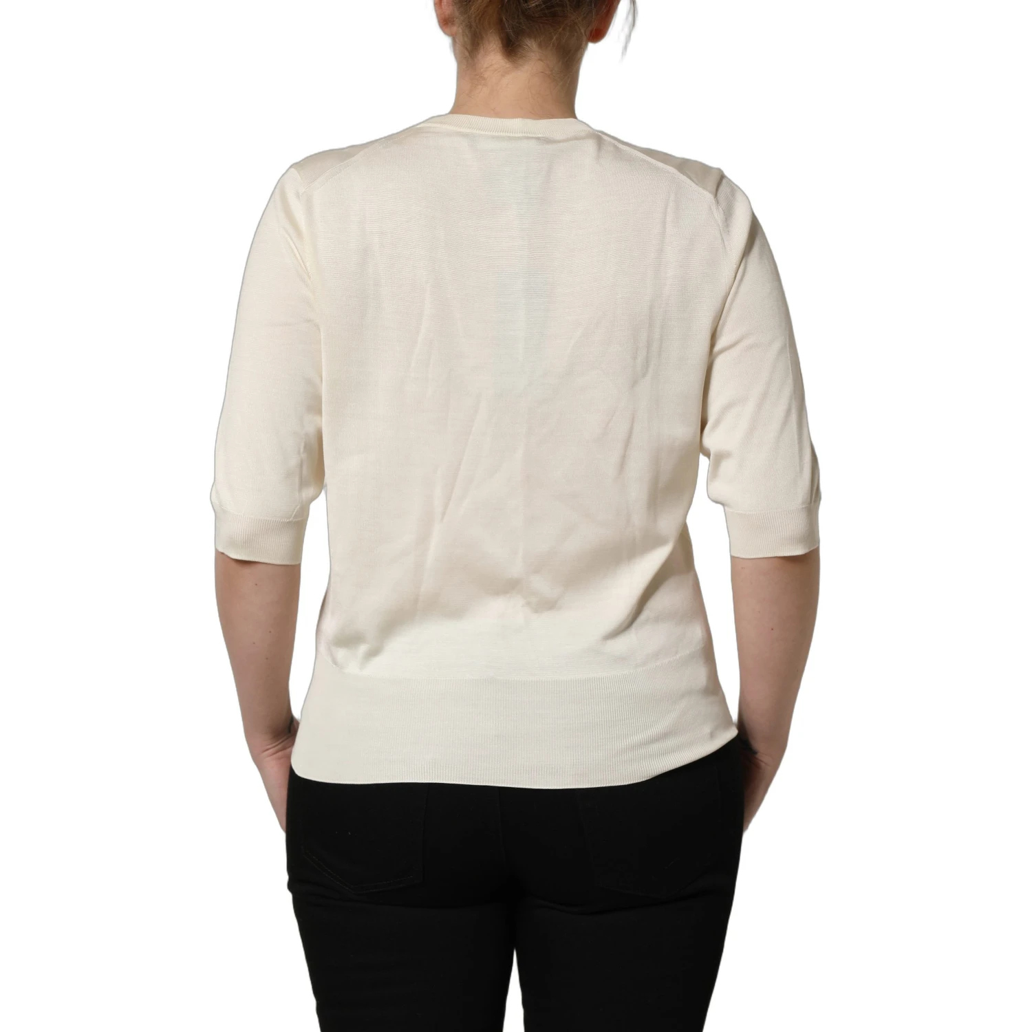 Off White 3/4 Sleeves Crewneck Pullover Sweater