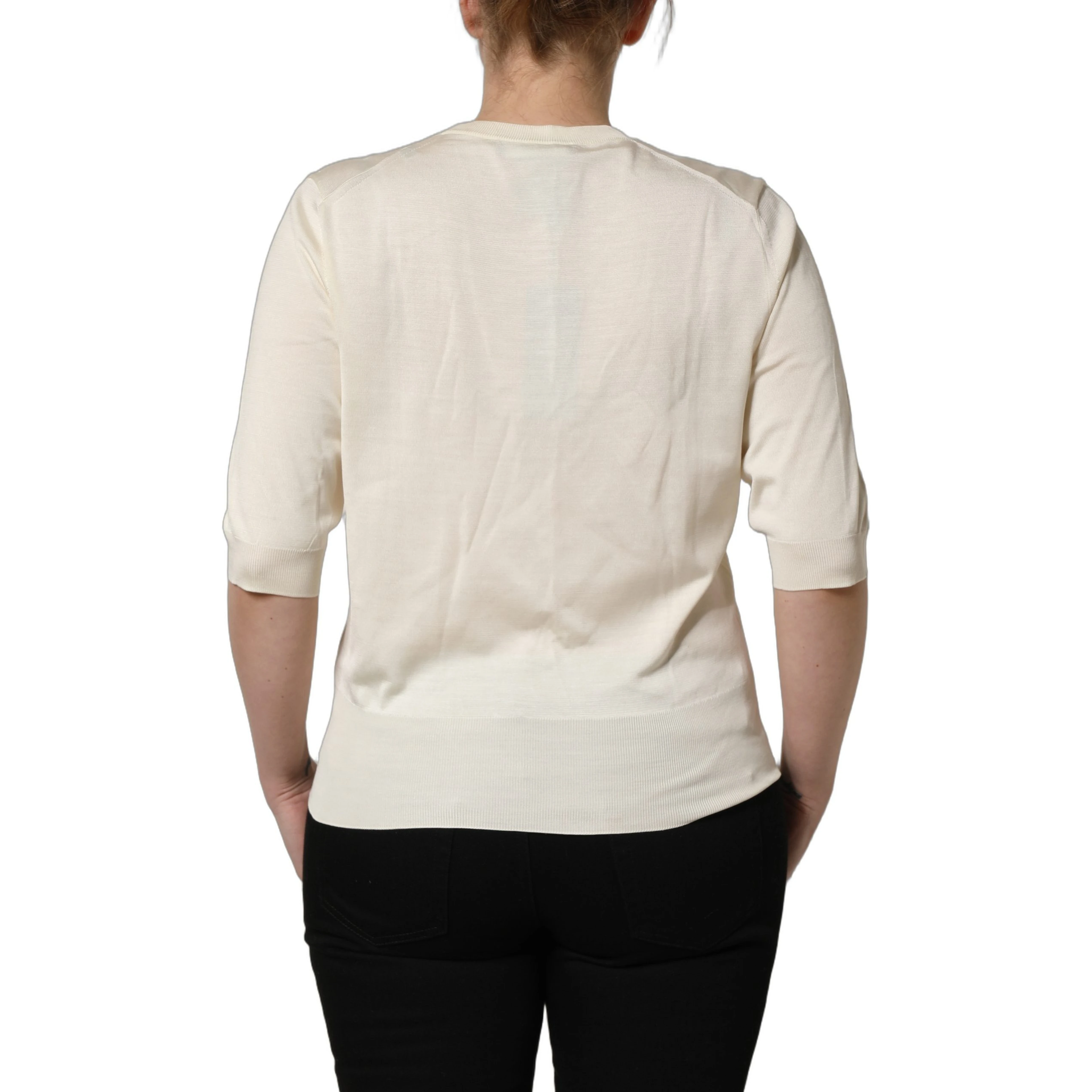 Off White 3/4 Sleeves Crewneck Pullover Sweater