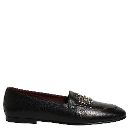 Black Leather Crown Embellished Loafers Shoes