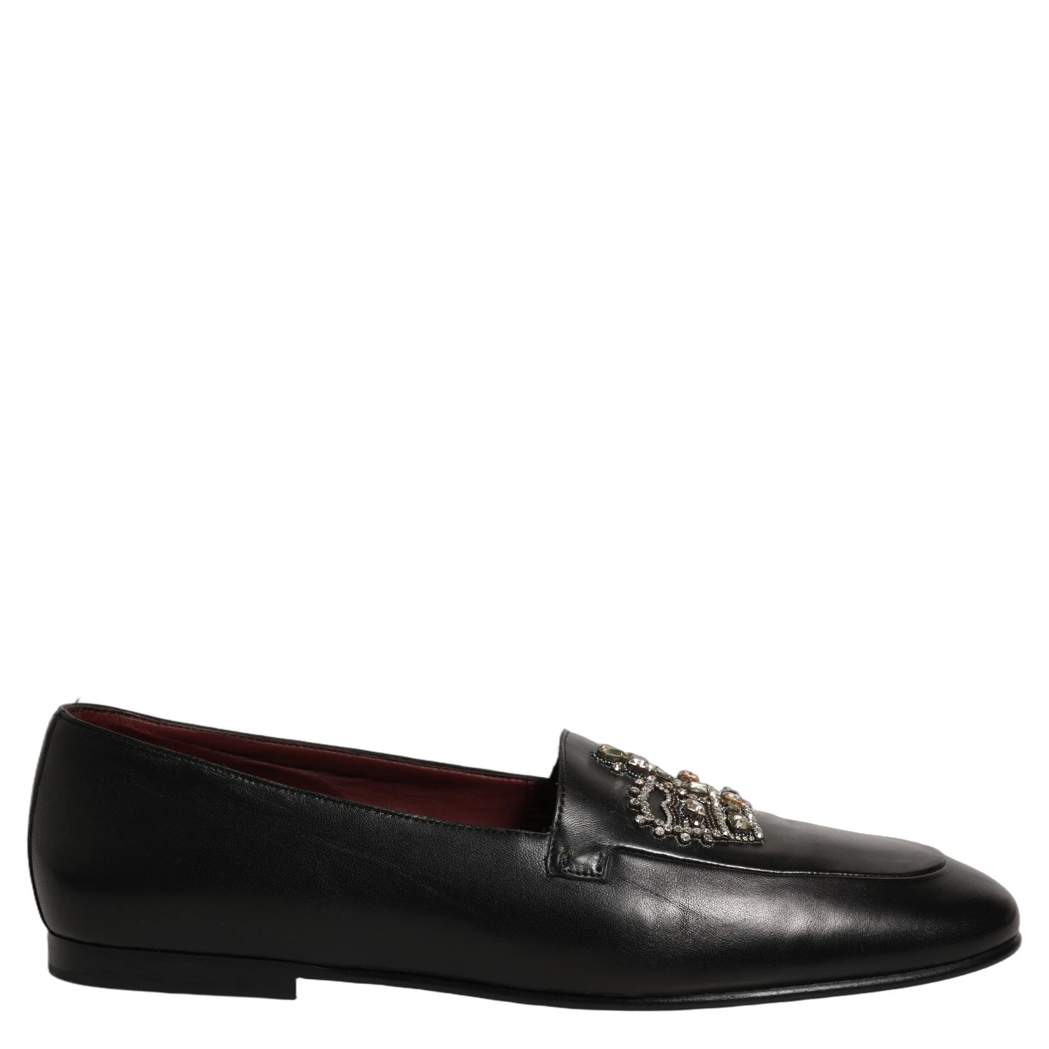 Black Leather Crown Embellished Loafers Shoes