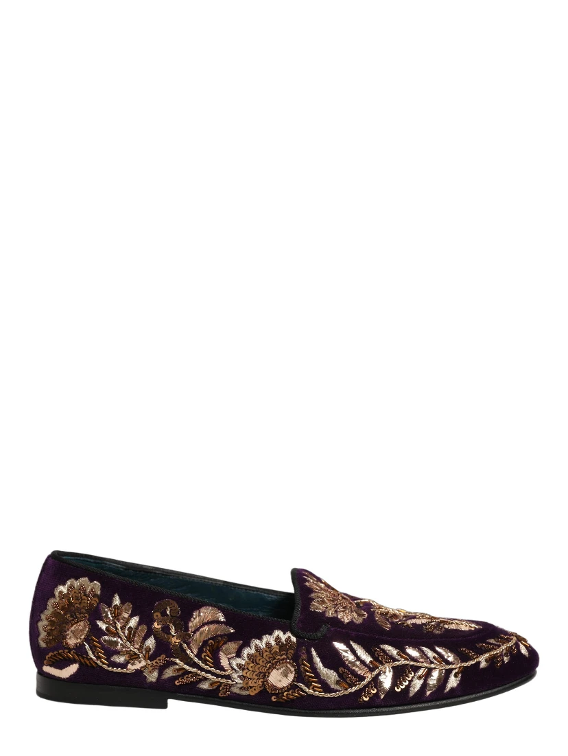 Violet Velvet Floral Embroidery Loafers Shoes