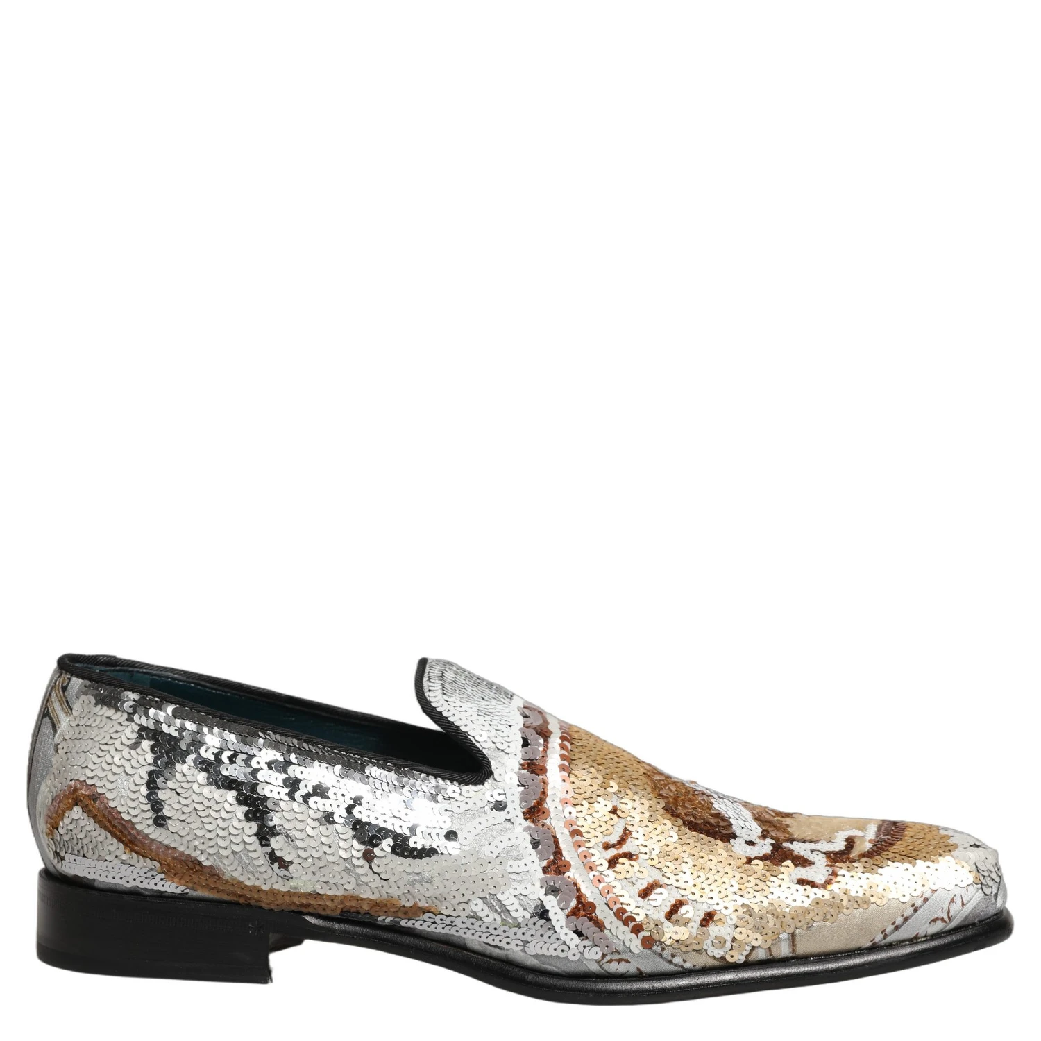 White Gold Sequined Slip On Loafers Shoes