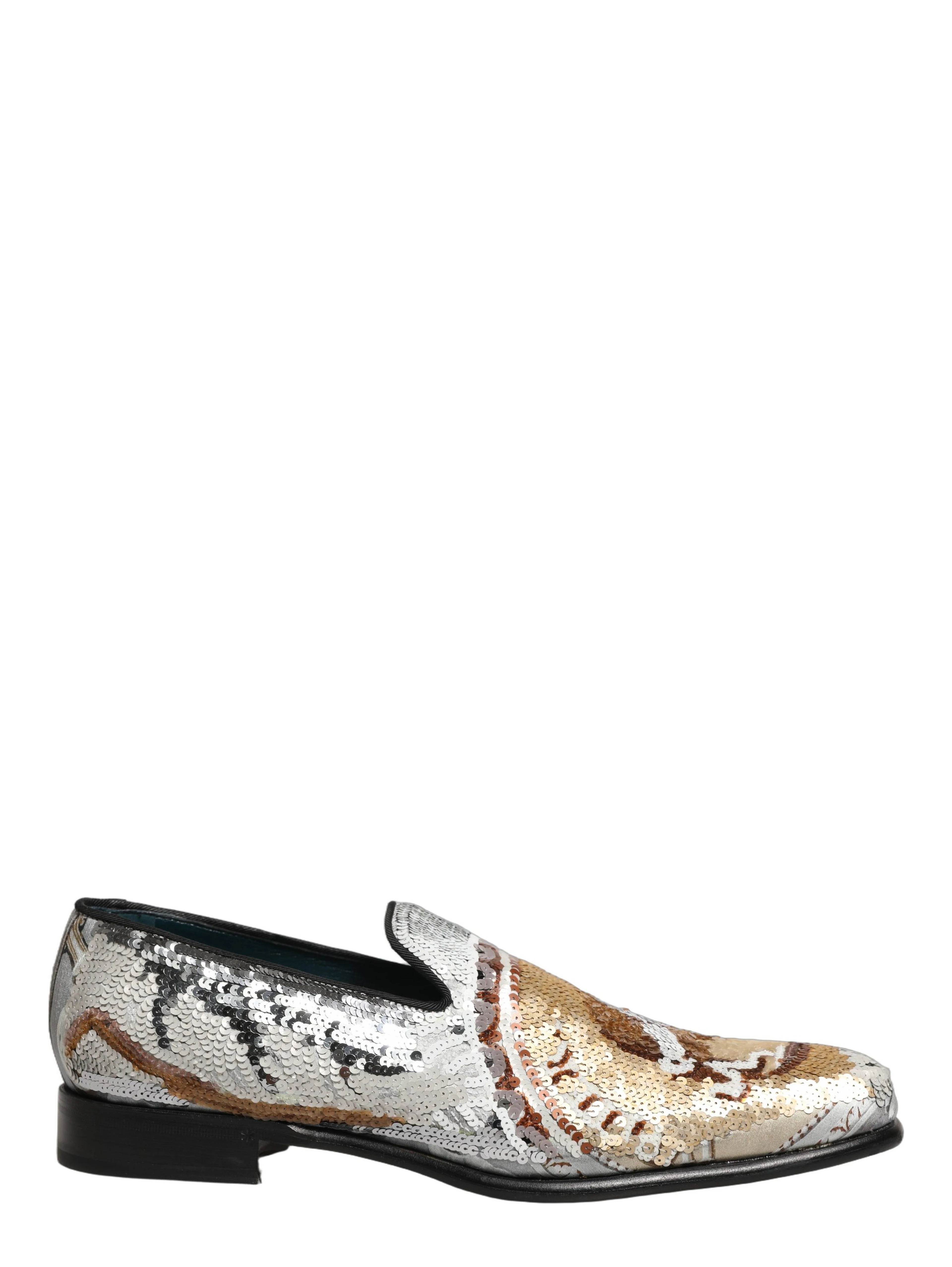 White Gold Sequined Slip On Loafers Shoes