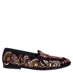Violet Velvet Floral Embroidery Loafers Shoes