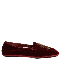 Maroon Velvet Crown Embroidery Loafers Shoes