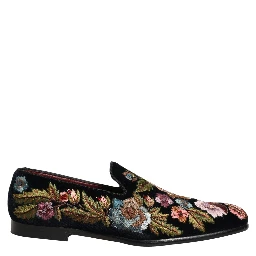 Black Velvet Floral Embroidery Loafers Shoes