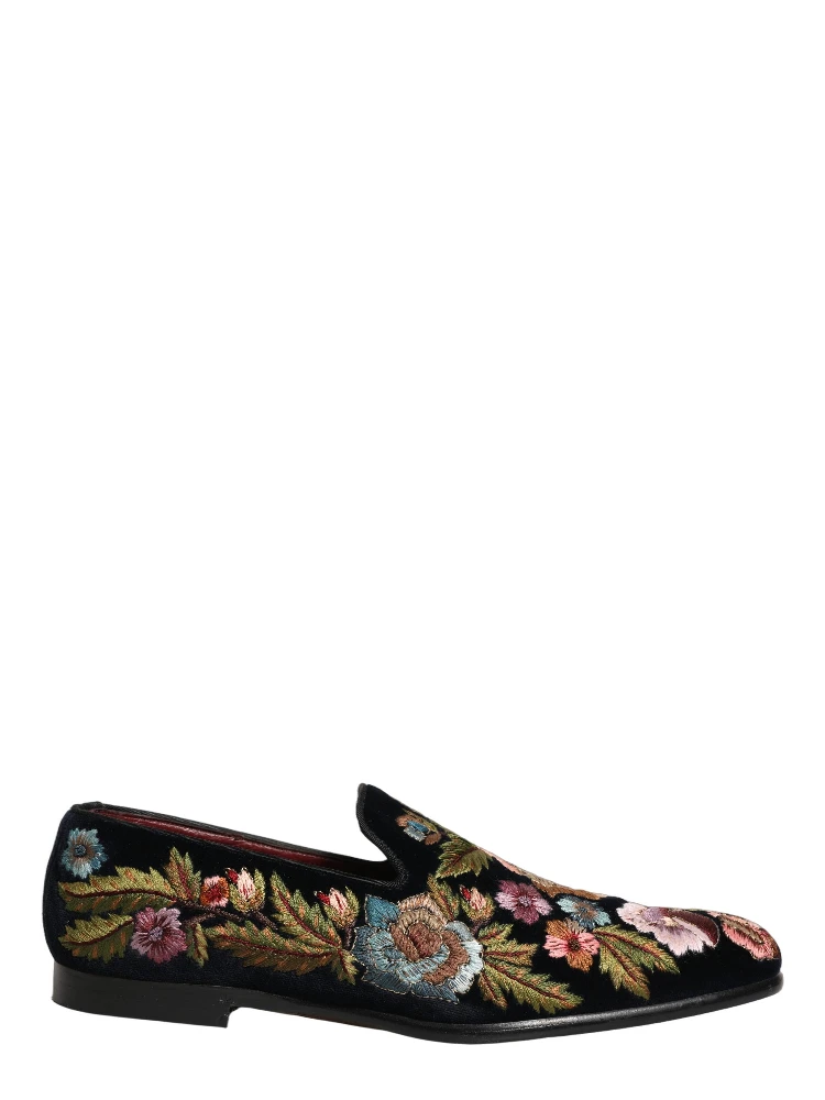Black Velvet Floral Embroidery Loafers Shoes