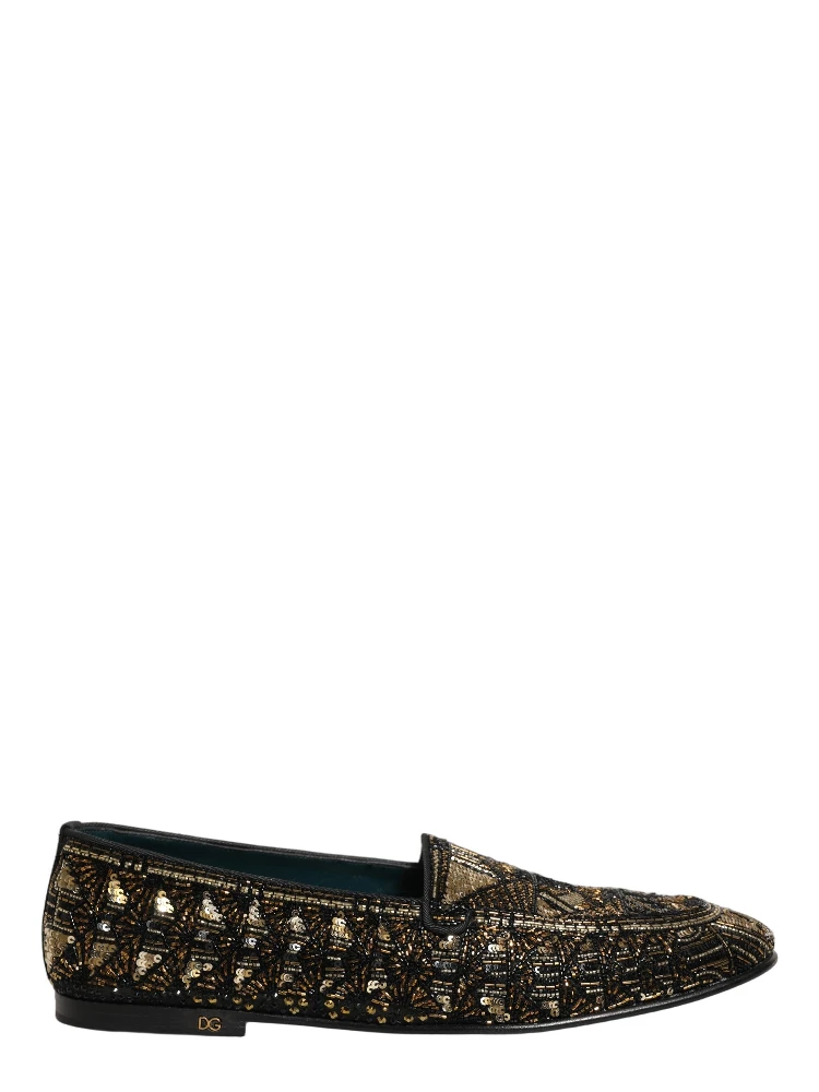 Black Gold Embellished Slip On Loafers Shoes