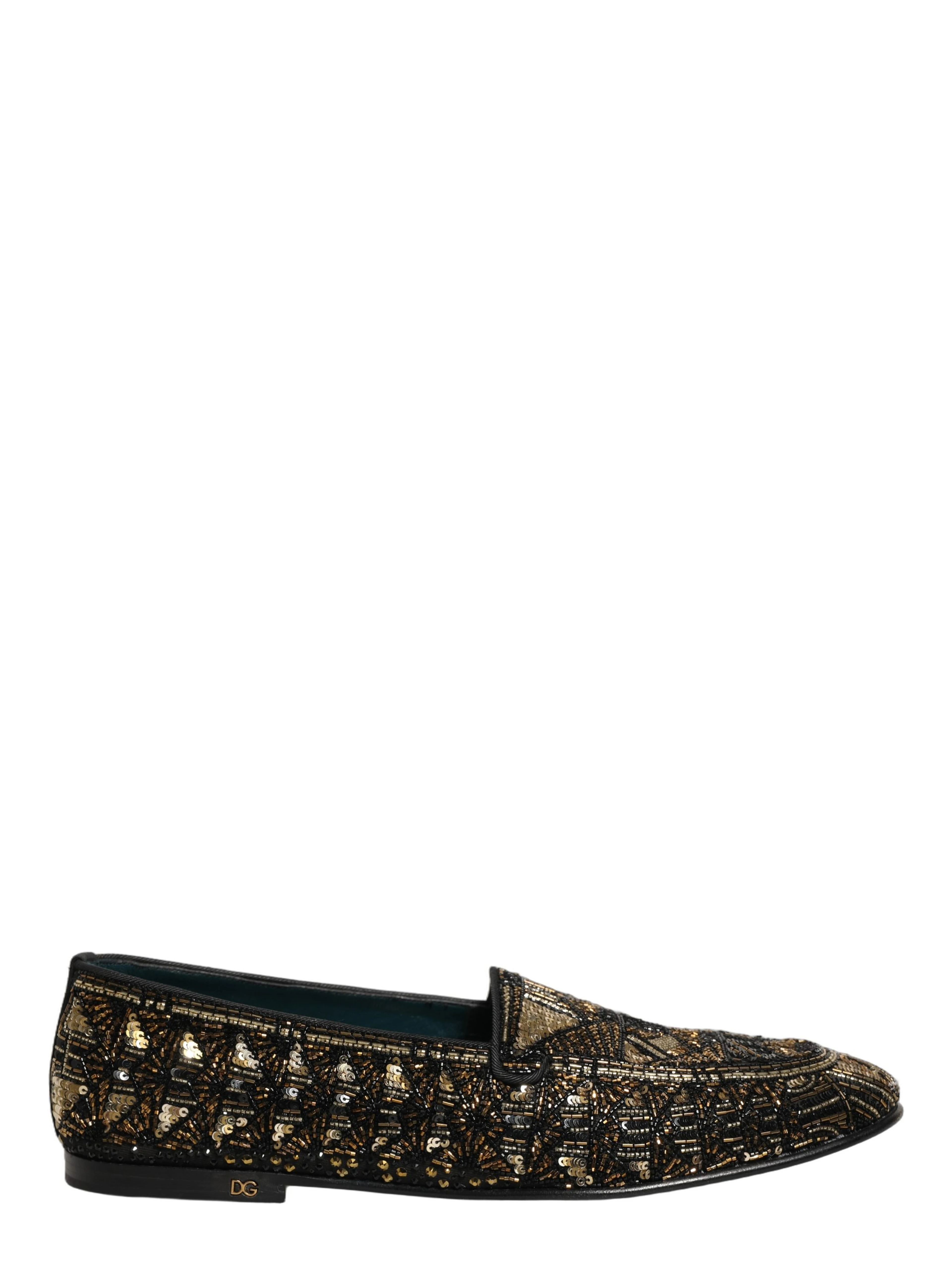 Black Gold Embellished Slip On Loafers Shoes