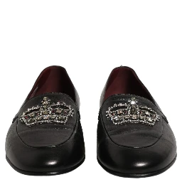 Black Leather Crown Embellished Loafers Shoes