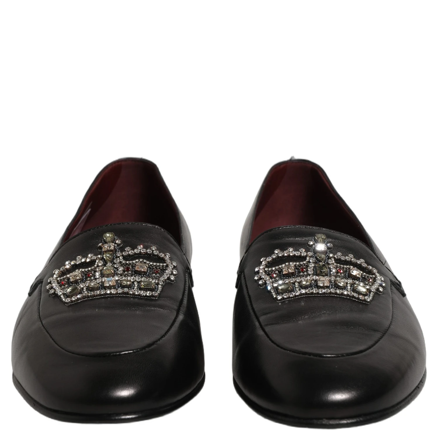 Black Leather Crown Embellished Loafers Shoes