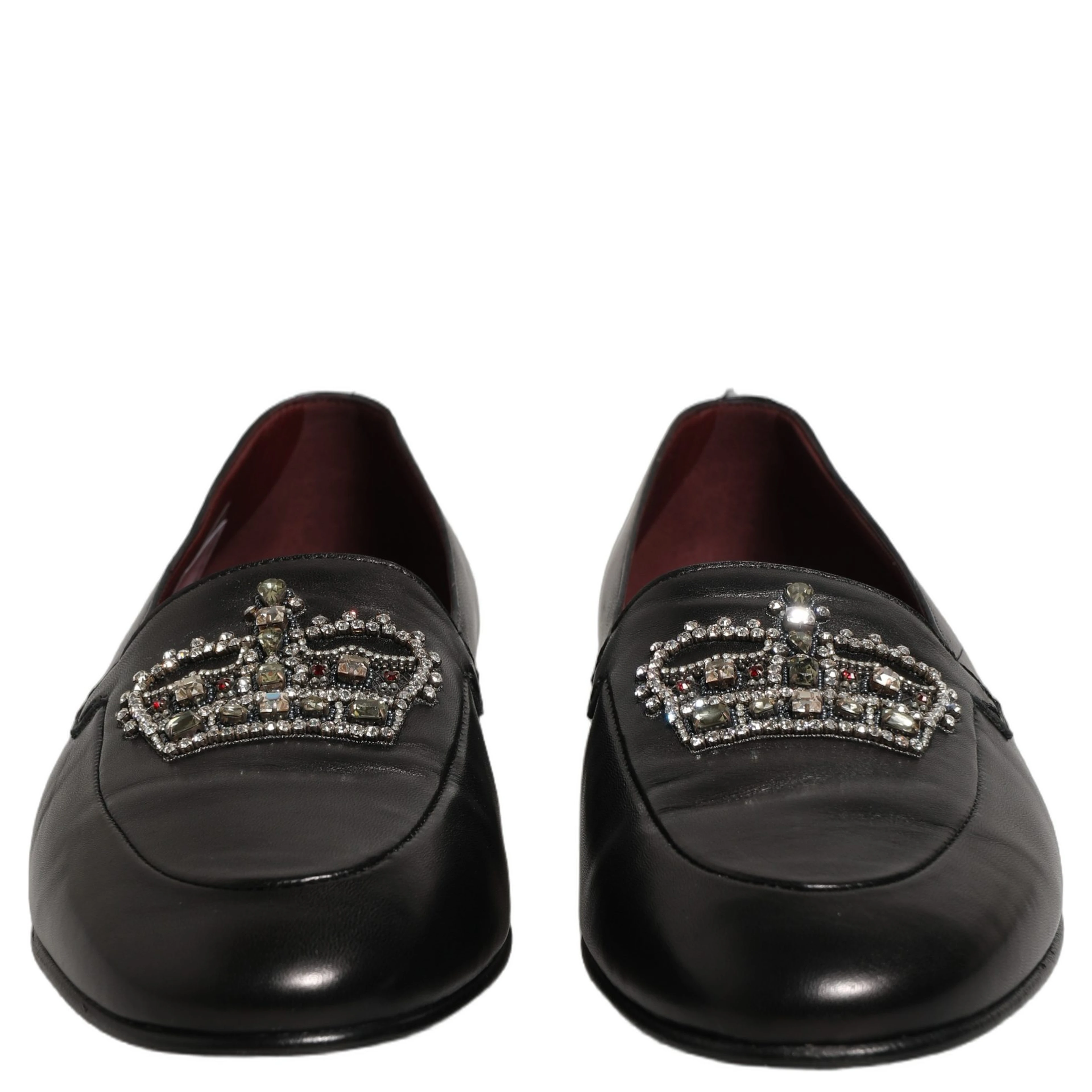 Black Leather Crown Embellished Loafers Shoes