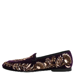 Violet Velvet Floral Embroidery Loafers Shoes