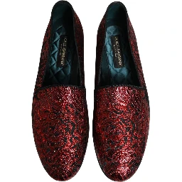 Red Floral Jacquard Slip On Loafers Shoes