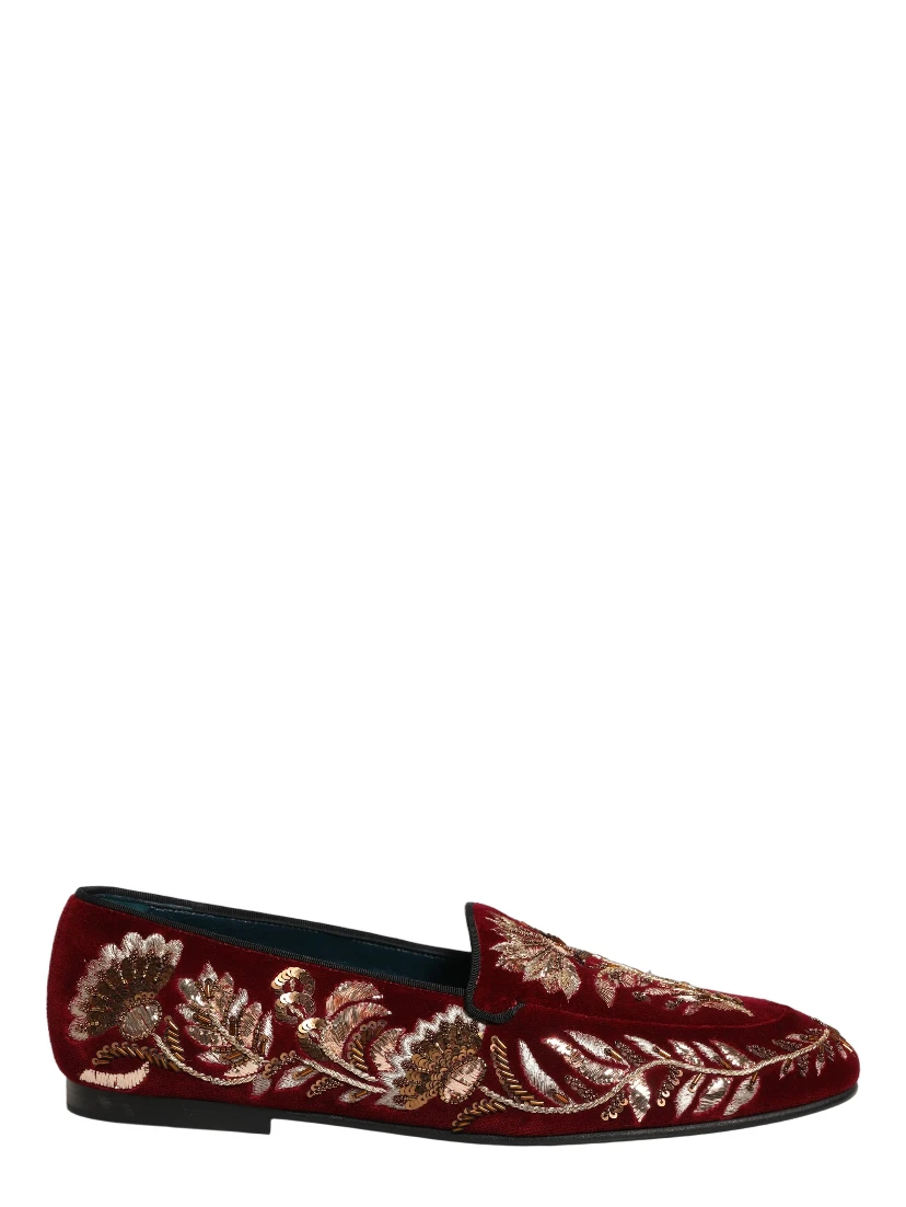 Red Velvet Floral Embroidery Loafers Shoes