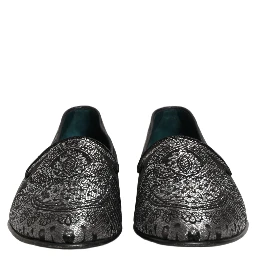 Silver Jacquard Leather Slip On Loafers Shoes