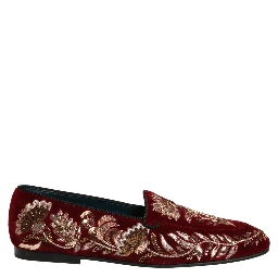 Red Velvet Floral Embroidery Loafers Shoes