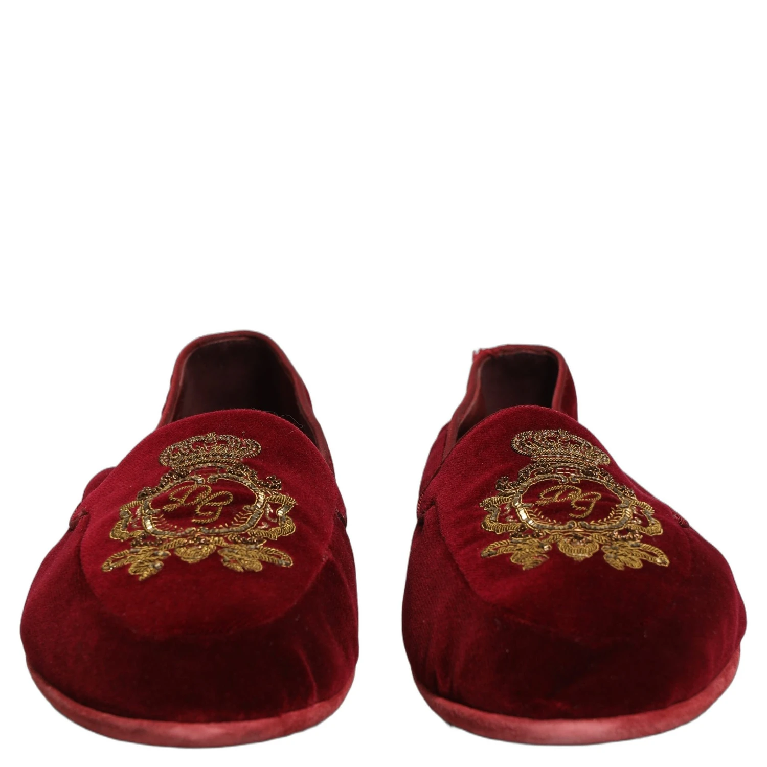 Maroon Velvet Crown Embroidery Loafers Shoes
