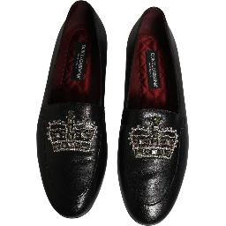 Black Leather Crown Embellished Loafers Shoes