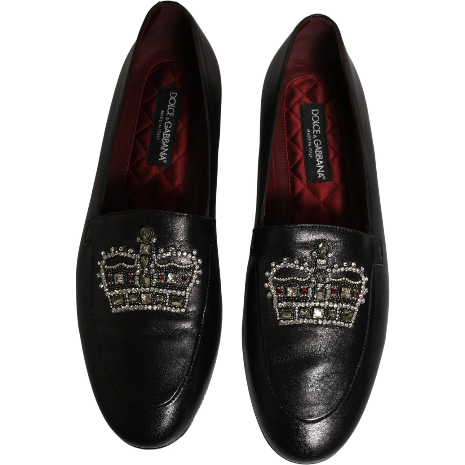 Black Leather Crown Embellished Loafers Shoes