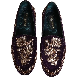 Violet Velvet Floral Embroidery Loafers Shoes