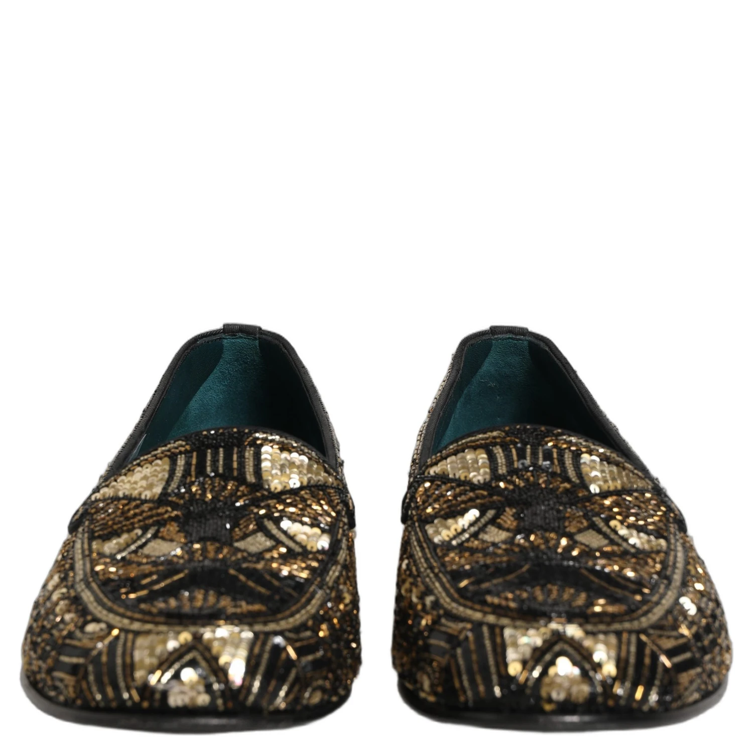 Black Gold Embellished Slip On Loafers Shoes