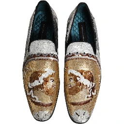 White Gold Sequined Slip On Loafers Shoes