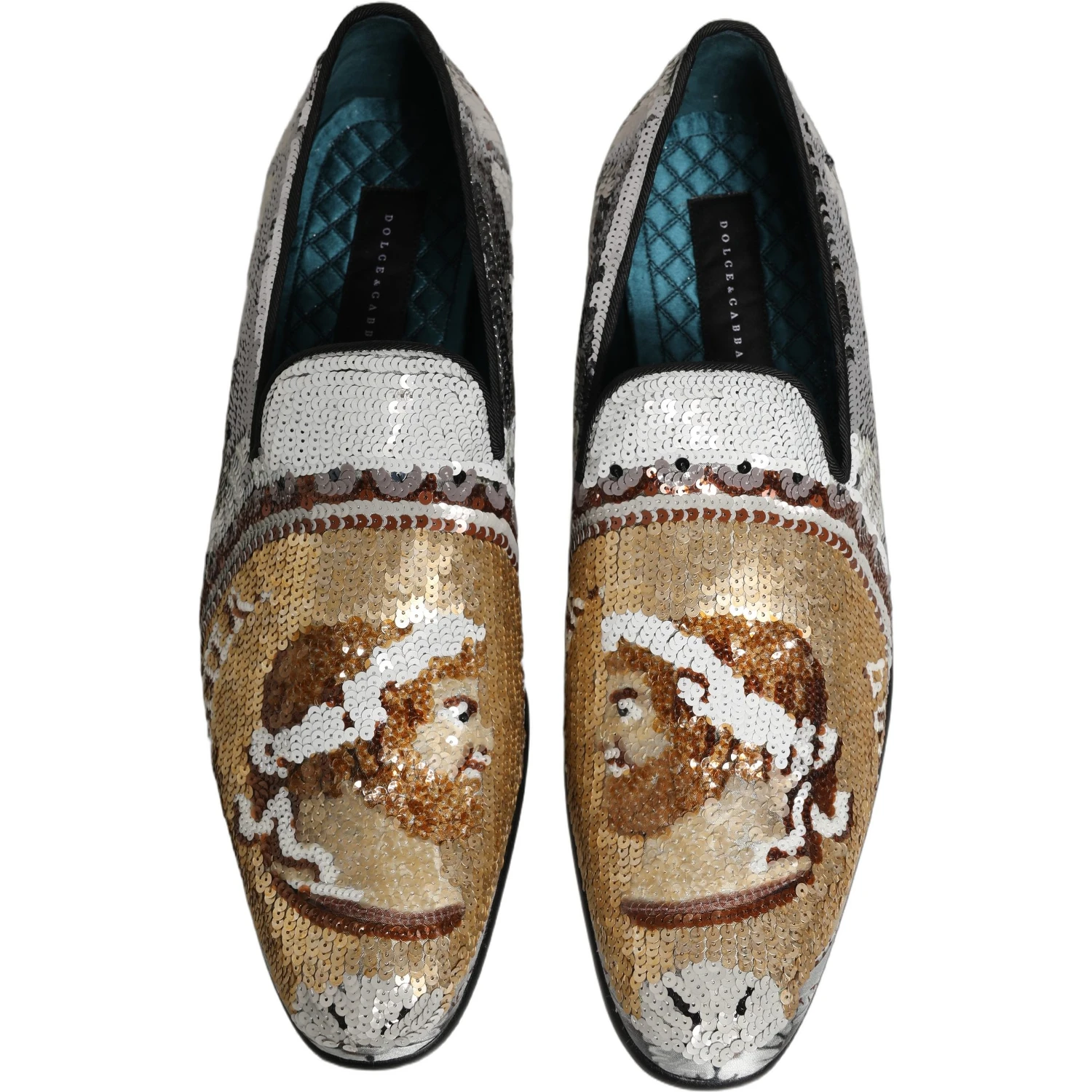 White Gold Sequined Slip On Loafers Shoes