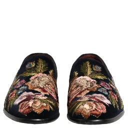 Black Velvet Floral Embroidery Loafers Shoes
