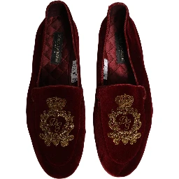 Maroon Velvet Crown Embroidery Loafers Shoes