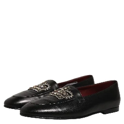 Black Leather Crown Embellished Loafers Shoes