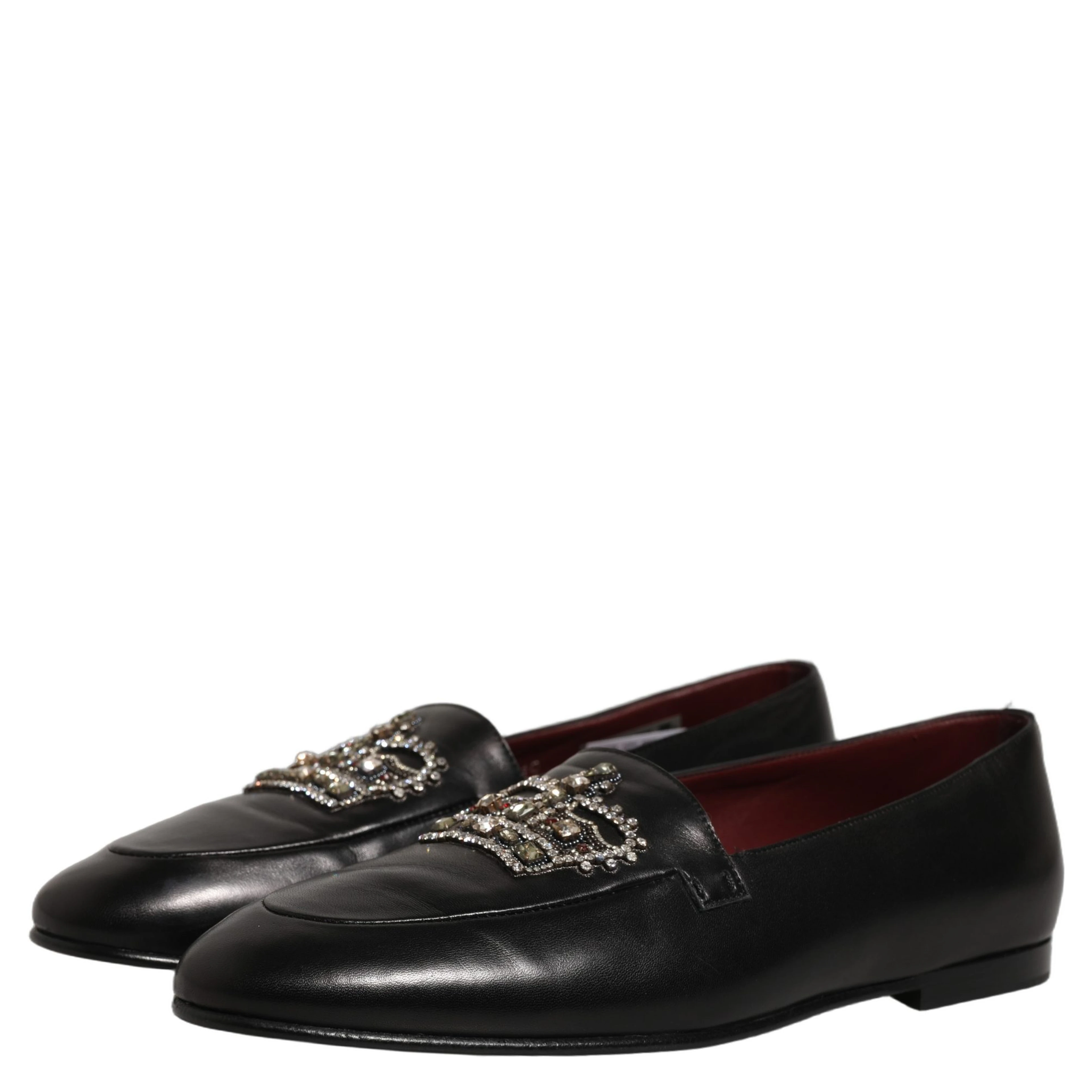Black Leather Crown Embellished Loafers Shoes