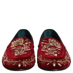 Red Velvet Floral Embroidery Loafers Shoes