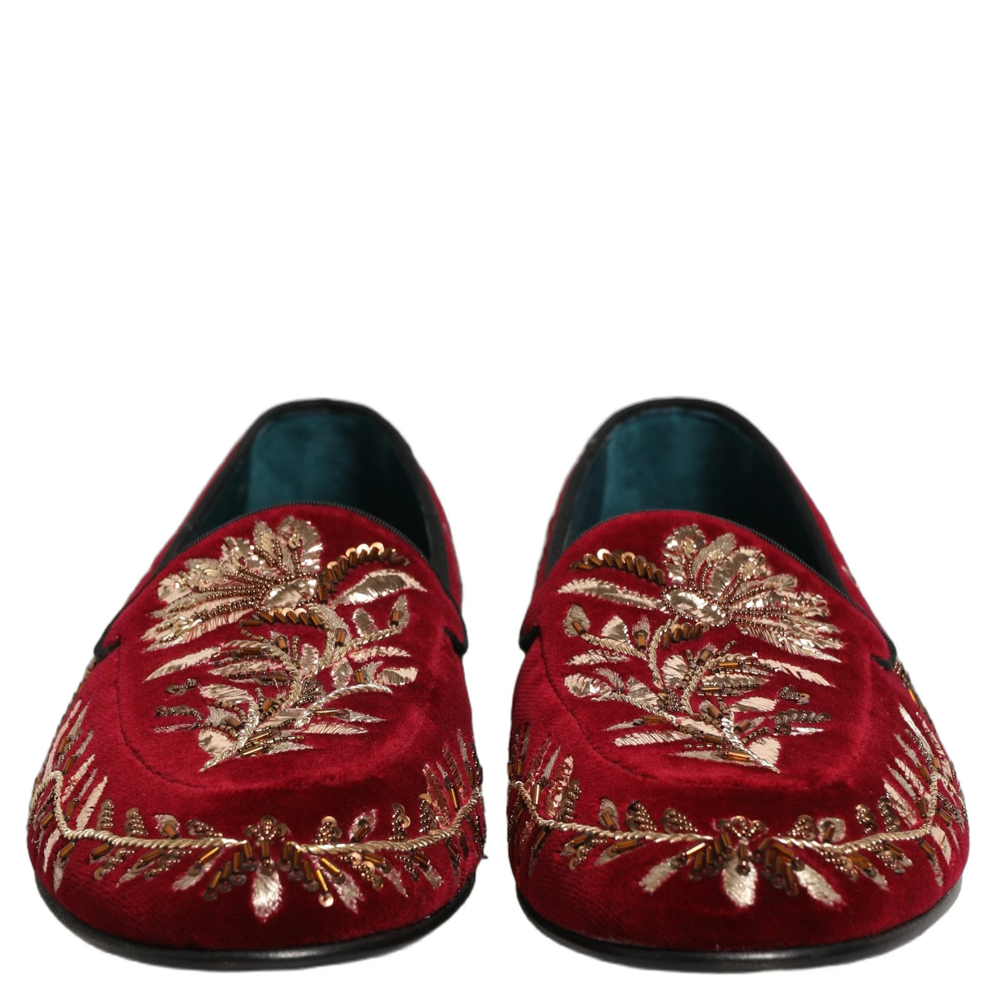 Red Velvet Floral Embroidery Loafers Shoes