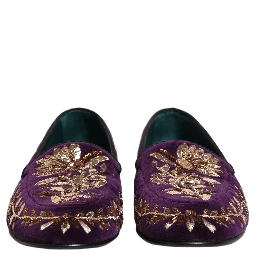 Violet Velvet Floral Embroidery Loafers Shoes