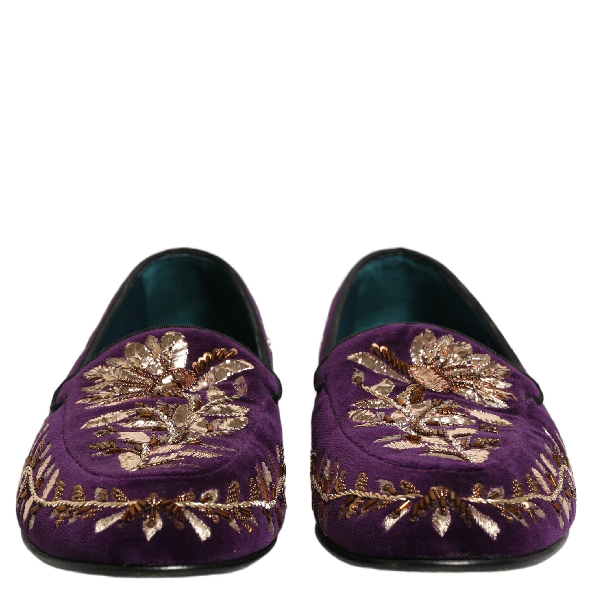 Violet Velvet Floral Embroidery Loafers Shoes