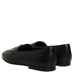 Black Leather Crown Embellished Loafers Shoes