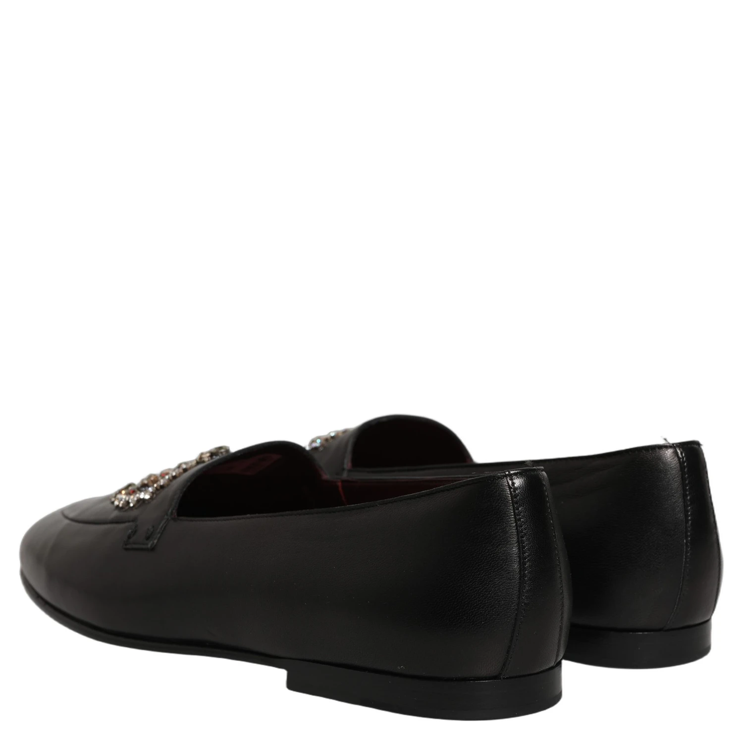 Black Leather Crown Embellished Loafers Shoes