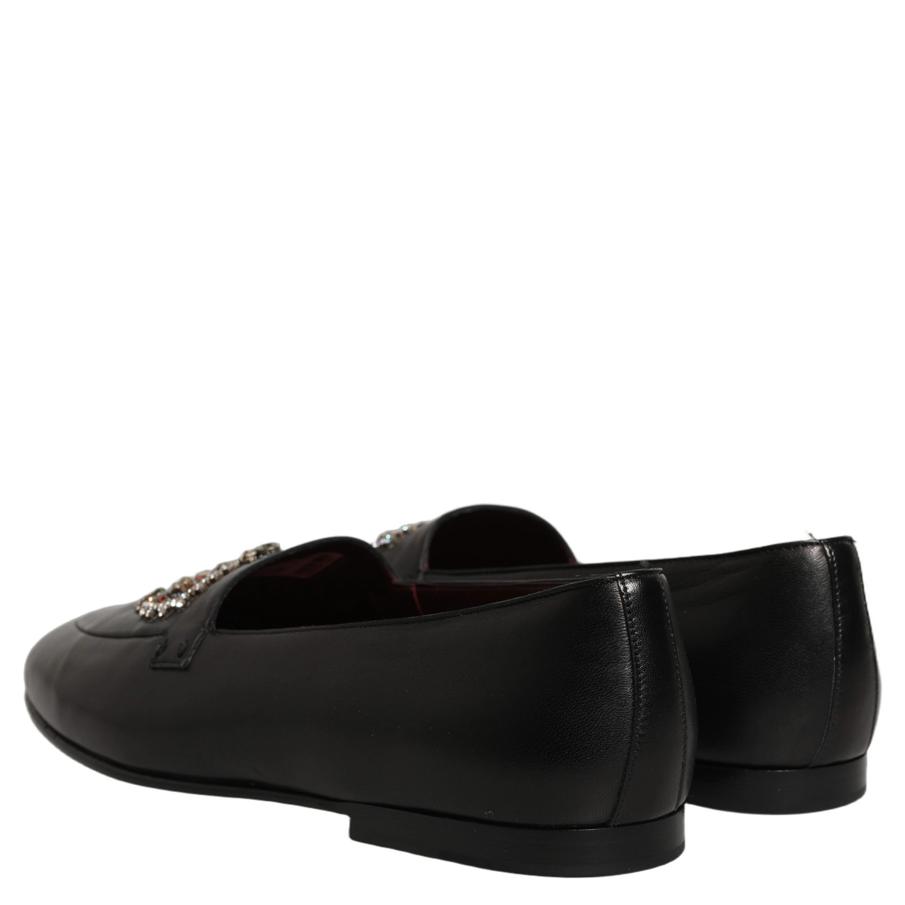 Black Leather Crown Embellished Loafers Shoes