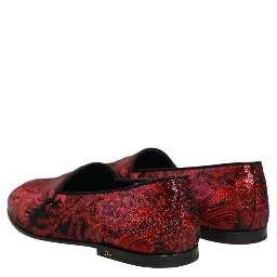 Red Floral Jacquard Slip On Loafers Shoes