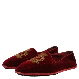 Maroon Velvet Crown Embroidery Loafers Shoes